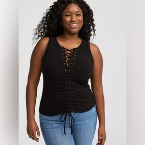 Torrid Size 3 Black Ribbed Lace Up Ruched Tank Top